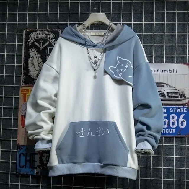 Japoński styl Wiosna Jesień Mężczyźni Bluza z kapturem Śliczny kot Nadruk Patchwork Bluzy dla nastolatków Moda Anime Harajuku Bluza męska