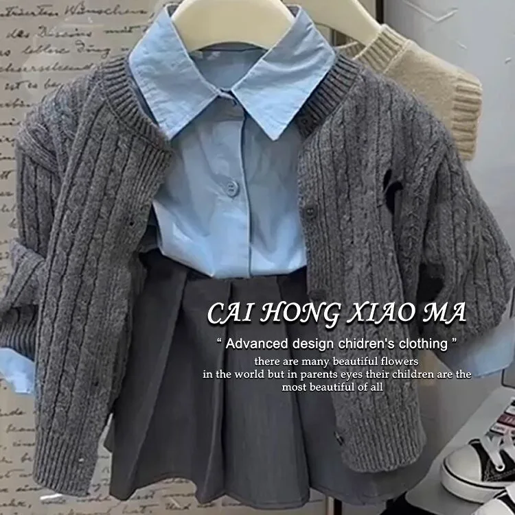 الربيع الكورية نمط الفتيات ثلاث قطع مجموعة الزي المدرسي سترة مع رفض طوق بلوزة مطوي تنورة طفل أطفال الزي