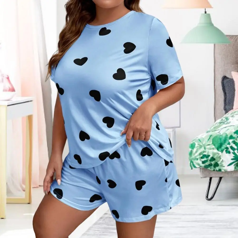 Oversized Sleepwear Round Neck Women's Pajamas Sets Short Sleeve T-Shirt Shorts Pink Heart Print Loungwear 2PC