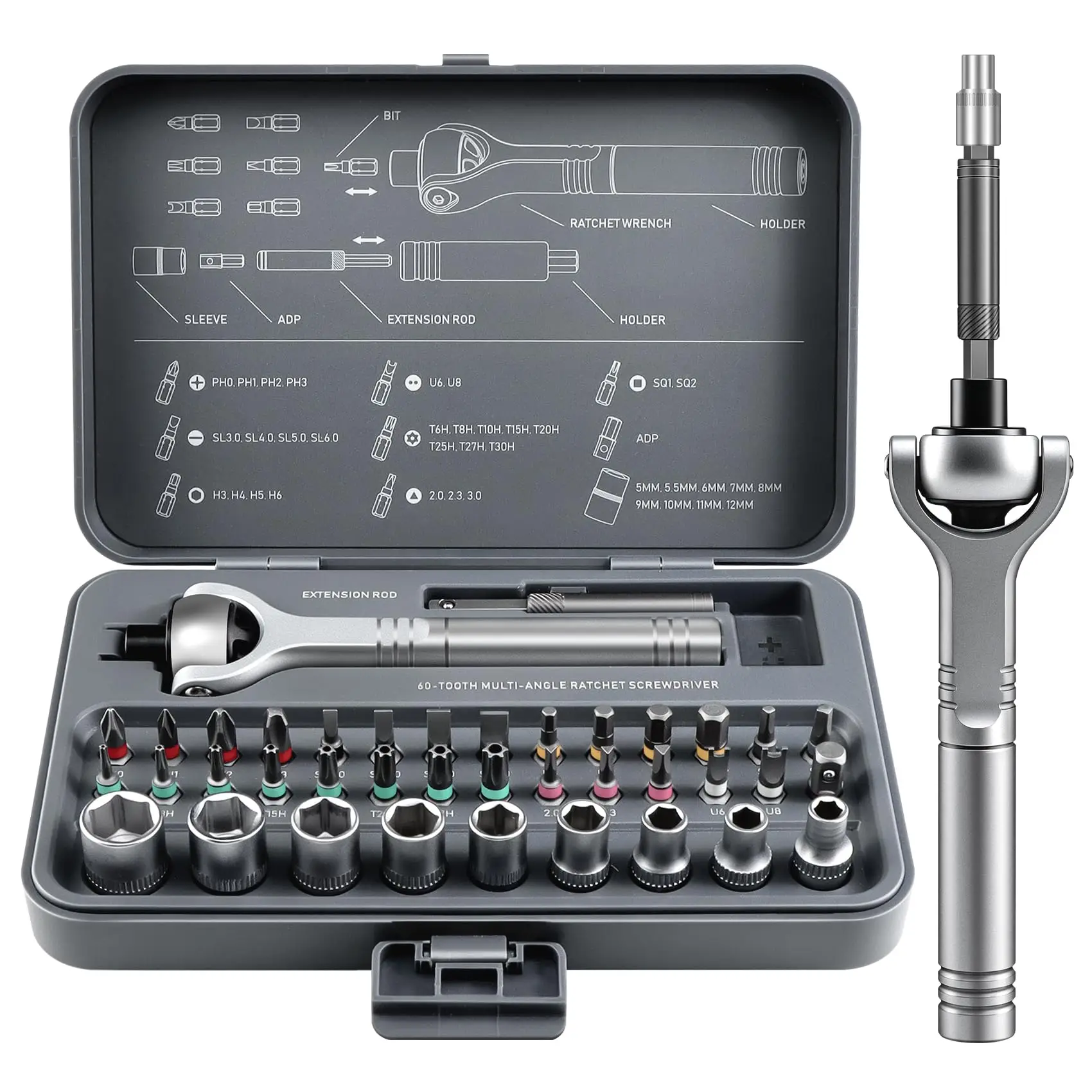 Jeu de tournevis magnétiques 40-en-1, kit d'outils à cliquet avec 270 embouts °   Poignée pivotante, embouts CRV pour l'électronique, les téléphones et les réparations DIY