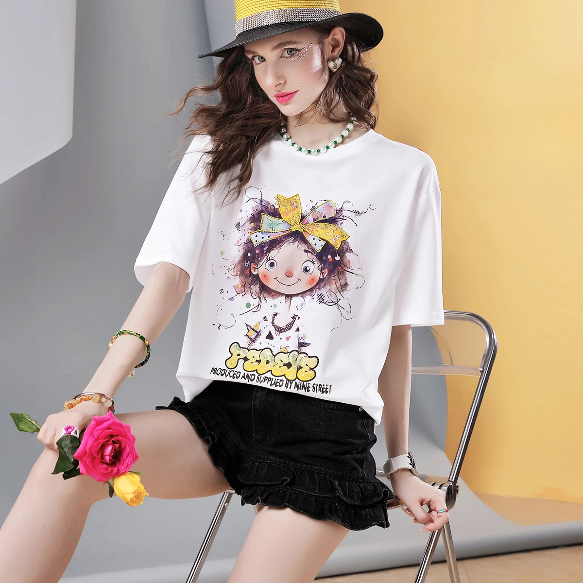 

Womens Mid-Length Loose Fit Print T-Shirt with Rhinestones, Back Lace Patchwork, Casual Cotton Tee