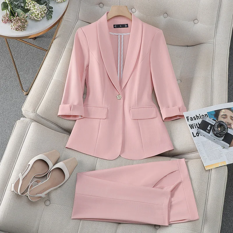 

Three-quarter sleeve pink professional suit for women, summer thin style, fashionable and elegant goddess-style formal two-piece