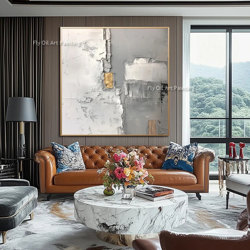 Grey White Abstract Simplism Style Wall Art Items Original Specail Design Handpainted Green Black Texture Thick Oil Painting For