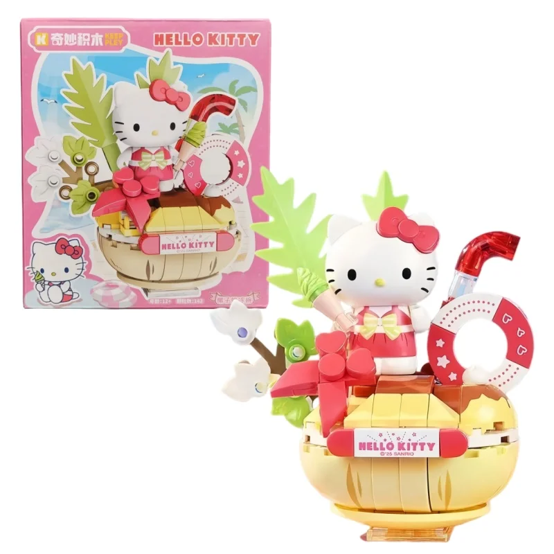 keeppley-novo-conjunto-de-blocos-de-montar-tema-festa-de-verao-sanrio-hello-kitty-my-melody-kuromi-cinnamoroll-pochacco-brinquedo-de-montagem