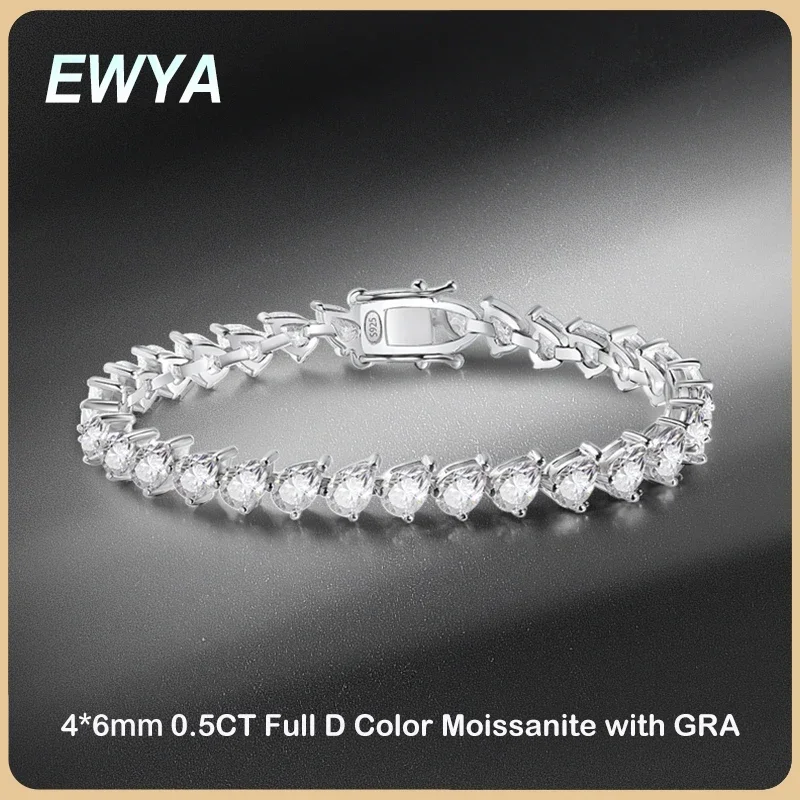 

EWYA GRA Certified D Color 0.5CT Full Pear Cut Moissanite Tennis Bracelet for Women S925 Silver Pass Diamond Test Link Bracelets