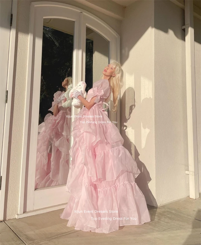 Xijun Blush Pink Princess Long Evening Dresses Tiered Organza Formal Graduation Party Gowns Puff Sleeves Fairy Ball Gowns 2024