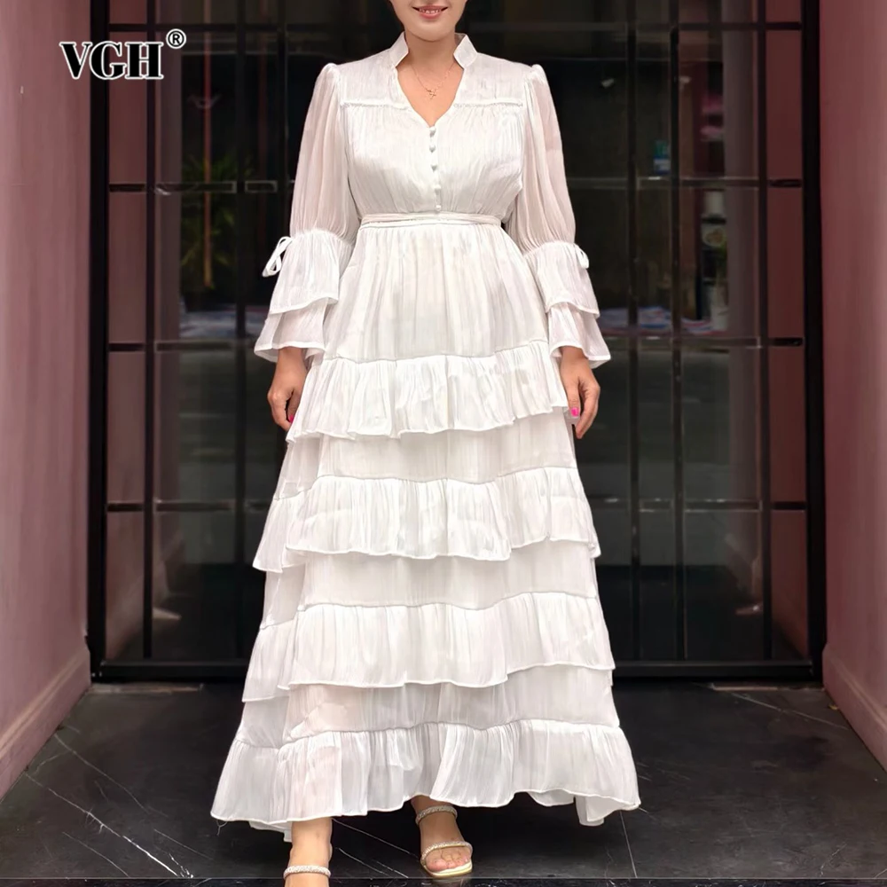 

VGH Элегантное милое многоярусное платье-торт для женщин с v-образным вырезом, свободная туника с оборками и рукавами, длинные платья, женская мода, новый модный