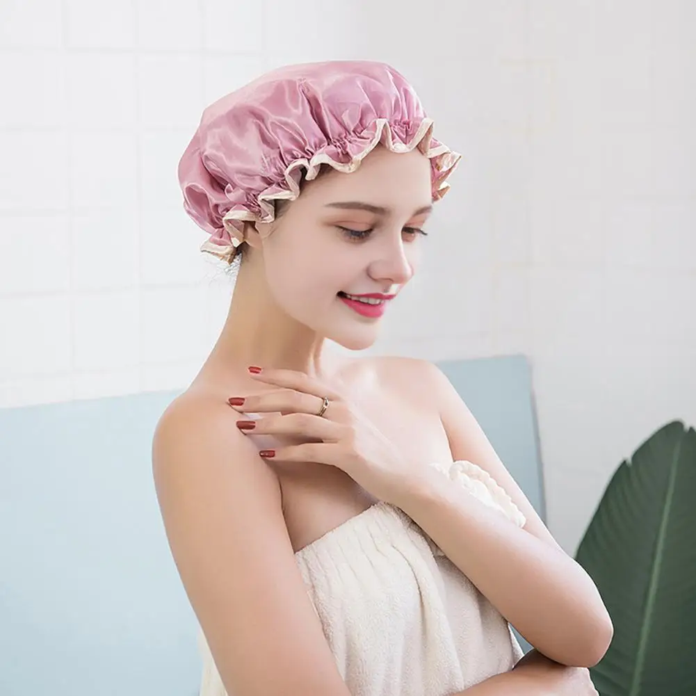 

Водонепроницаемая шапочка для душа с защитой от скольжения, эластичным шнурком и двойным слоем из водостойкой ткани для ухода за волосами