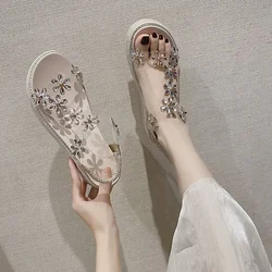 Women's Shoes Beach Sandals for Woman Transparent Summer 2024 Clear Footwear with Medium Heels Diamond Rhinestones Wedges Heel H