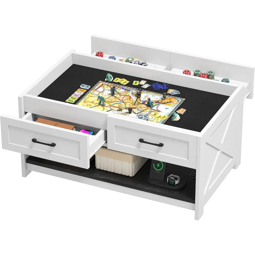 

Farmhouse Living Room Coffee Table: 3-in-1 Game & Puzzle Table with Play Mat, 4 Drawers, Power Outlet, Removable Top Black
