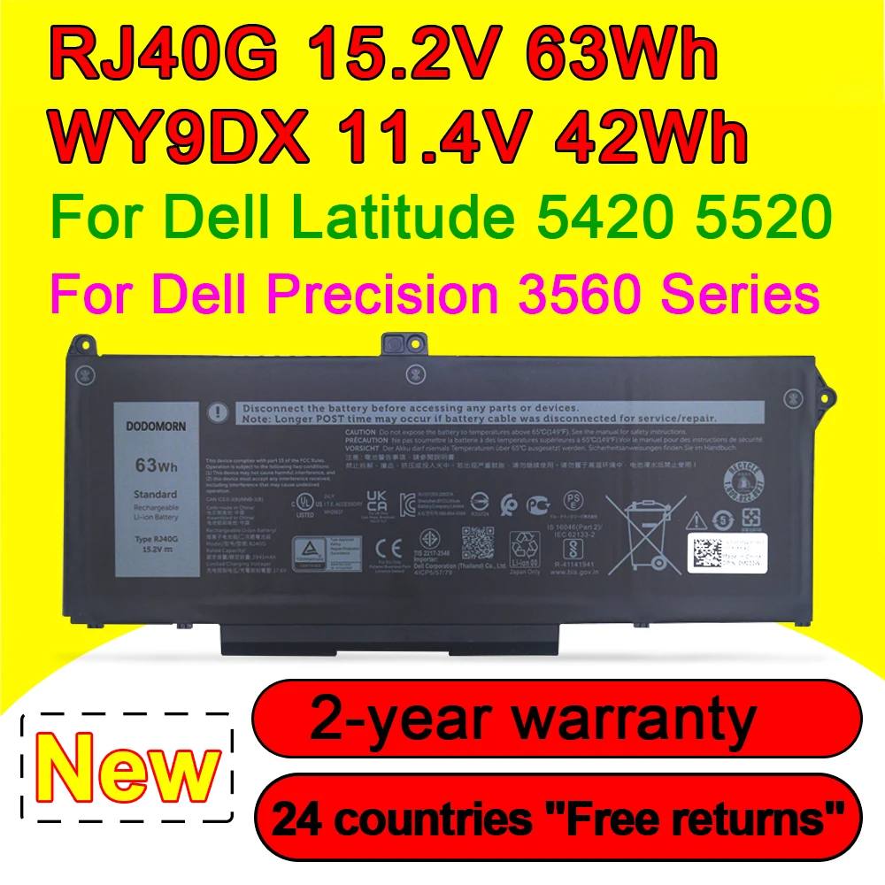 

DODOMORN 63wh RJ40G Laptop Battery For Dell Latitude 14 5420 5520 15 3560