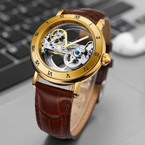 Imagen 2 del producto Relojes automáticos Tourbillon con esqueleto de acero de lujo 2024 originales, reloj de pulsera elegante luminoso mecánico de cuero para hombre