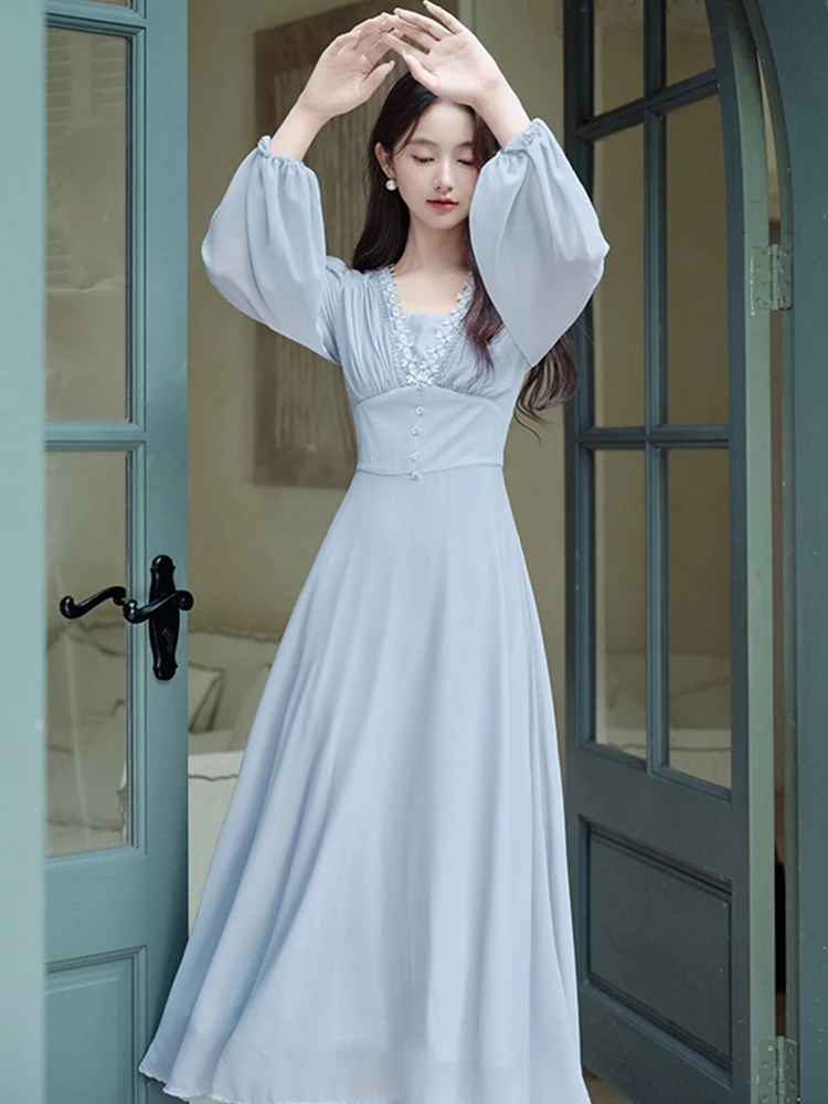 

Women Blue Long Sleeve Chic Lace V-Neck Casual Dress Autumn Winter Elegant Office Lady Dress 2025 Korean Bodycon Festival Dress