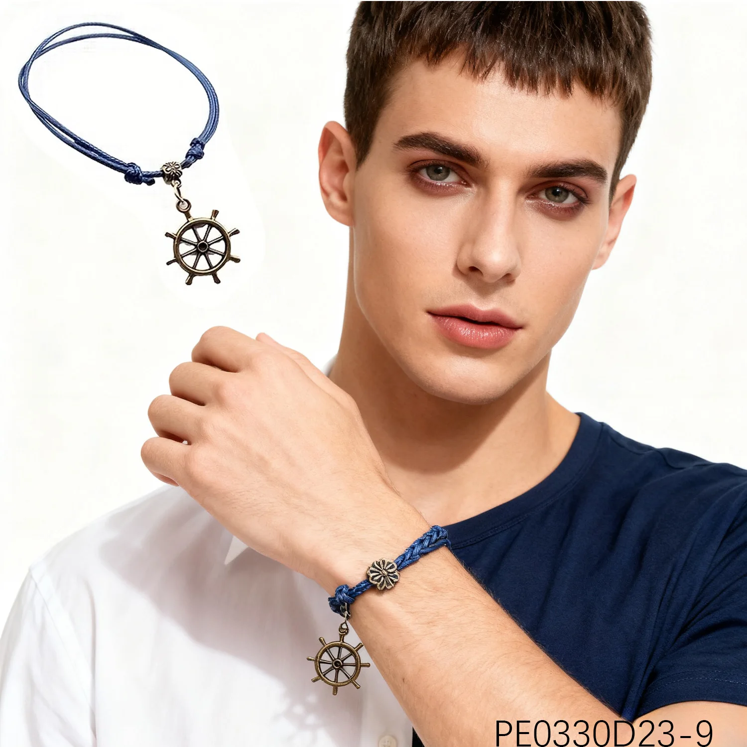 PESENAR Bracciale in cordoncino blu stile nautico con ciondolo a forma di ruota da nave in bronzo per accessori Boho e a tema mare