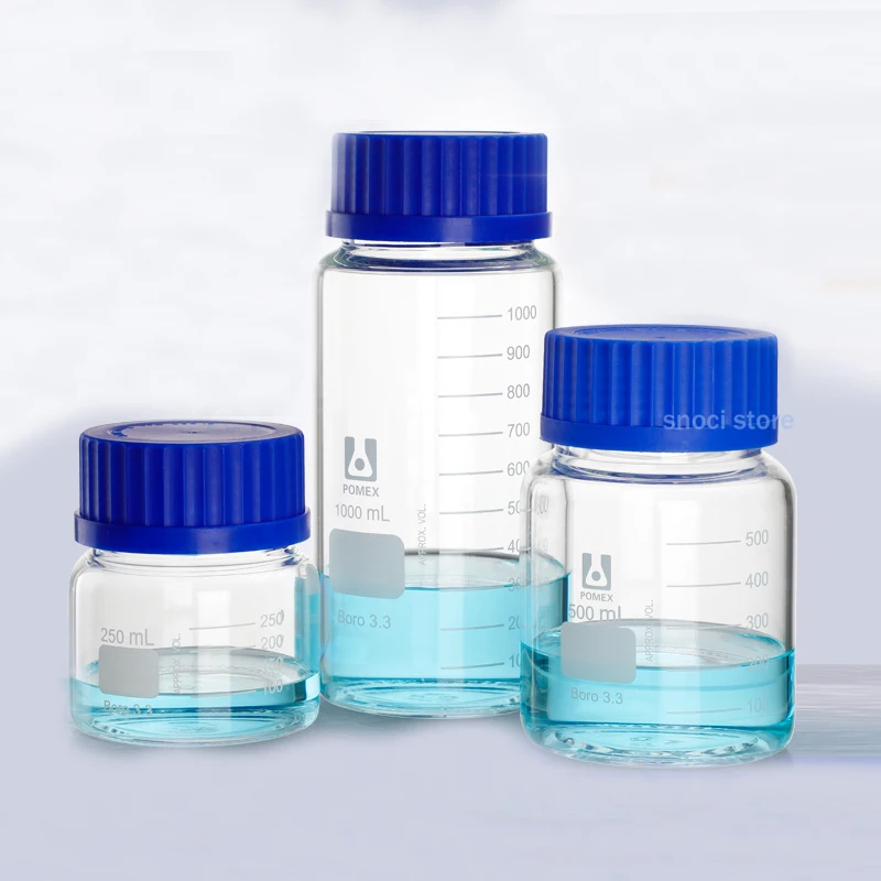 250 ml/500 ml/1000 ml graduierte runde Glasreagenzflasche Labor transparente versiegelte Flasche mit blauem Schraubverschluss GL80 – Detail 1