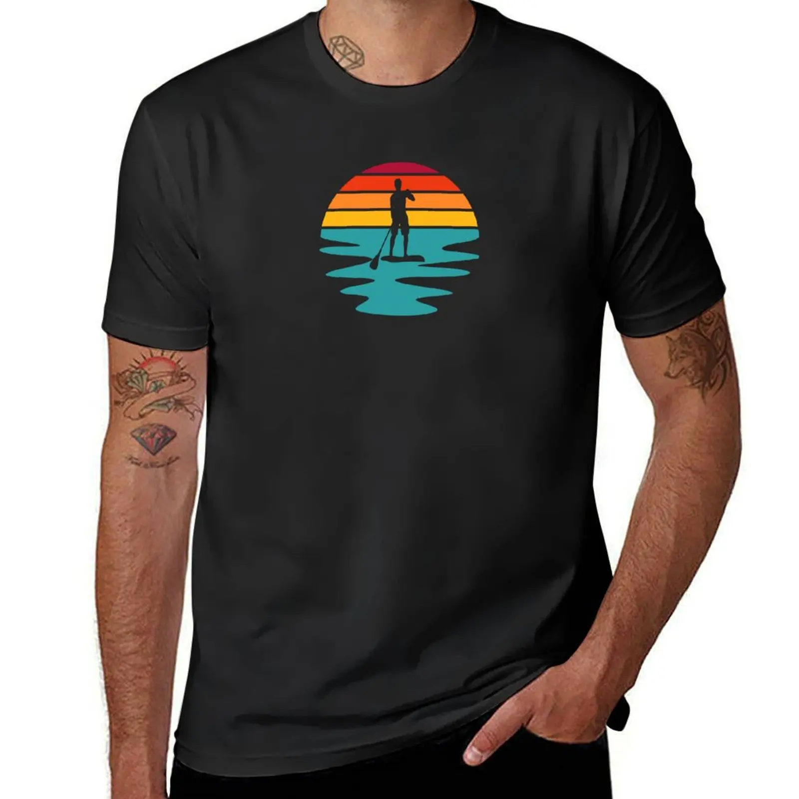 

Stand Up Paddle Board - SUP - Retro Sunset On The Water T-Shirt custom shirt sports fans street wear mens t shirts top quality