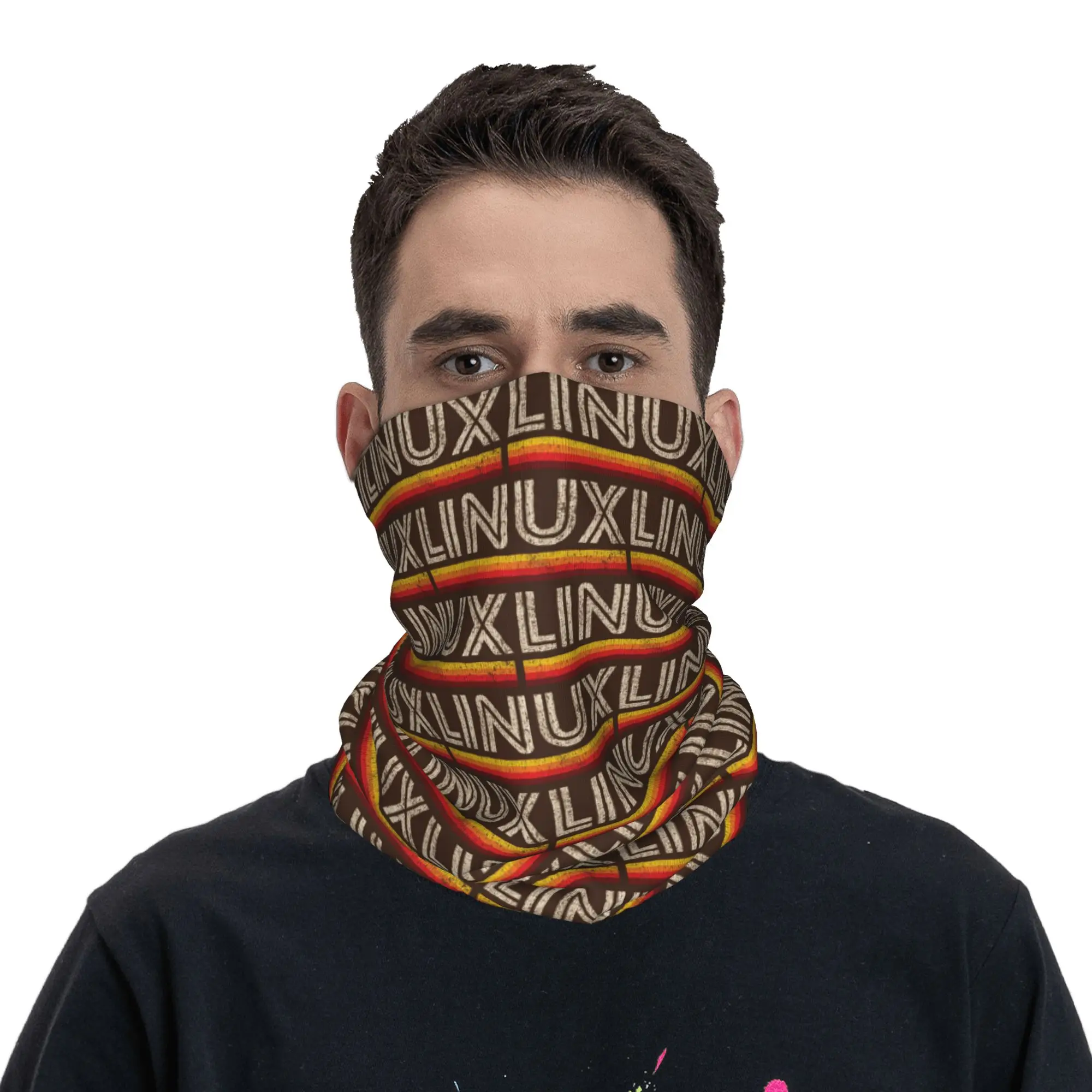 Brown with White Text Linux Design Bandana Neck Gaiter Printed Wrap Mask Scarf Multi-use Headband Cycling For Men Women Adult