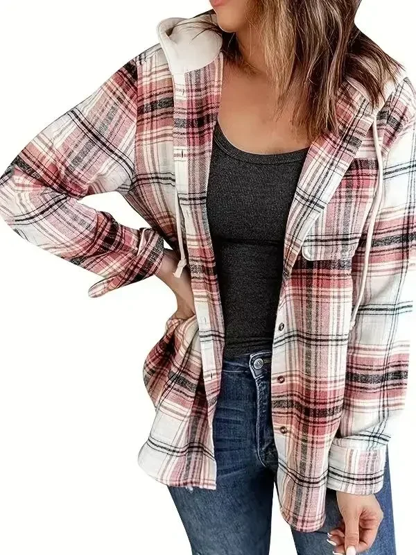 Plus Größe Mode Frauen Langarm einreiher Aufgesetzte Tasche Kordelzug Hemd Klassische Plaid Print Casual Mit Kapuze Sweatshirt