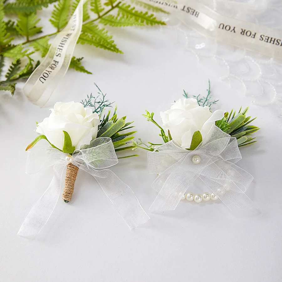 Exquisite Artificial Peony Rose Wrist Corsage Handmade Bride Wristband Men Boutonniere for Groom Wedding Party Prom Suit (Ivory)