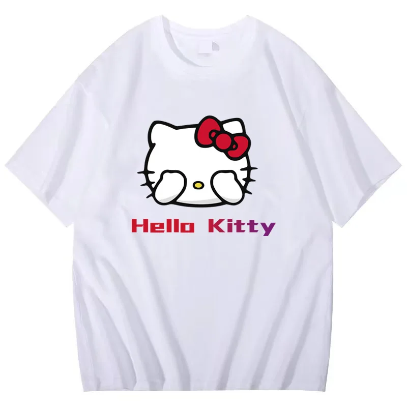 

Cute Hello Kitty Cat Women's T-shirt Funny Summer Casual Student Loose Cotton Cartoon Top Casual Fashion Street Women's Top