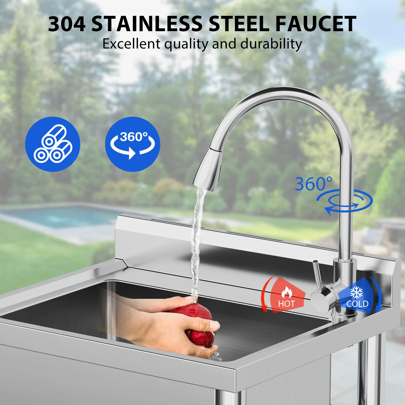 Stainless Steel Utility Sink, 304 Thickened Freestanding Single Bowl Commercial Kitchen Sink with Pull-Out Faucet for Restaurant Laundry Room Garage Workshop Outdoor RV Kitchen Bar