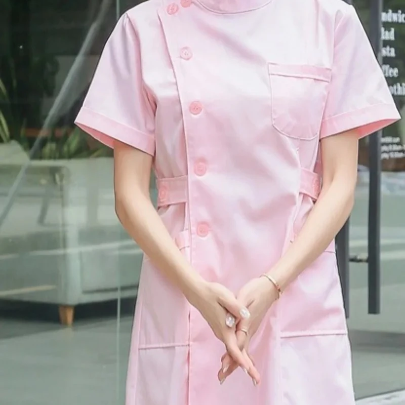 Ladies Short/Long Sleeve Uniform, Summer Round Collar Nurse Dress, Pink Doll Collar Thin Lab Coat Work Set