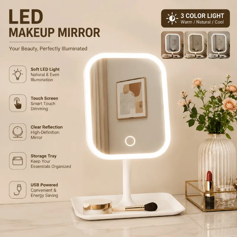 1 Pcs Touch Control LED Makeup Mirror 3 Dimmable Light Modes Portable Vanity Mirror for Bedroom Dresser Travel Daily Makeup