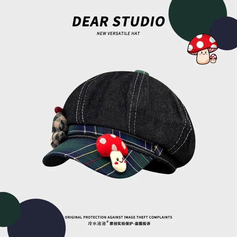 Japanese Cute Cartoon Mushroom Decorative Denim Plaid Splicing Berets Spring and Autumn Casual Women Octagonal Newsboy Cap
