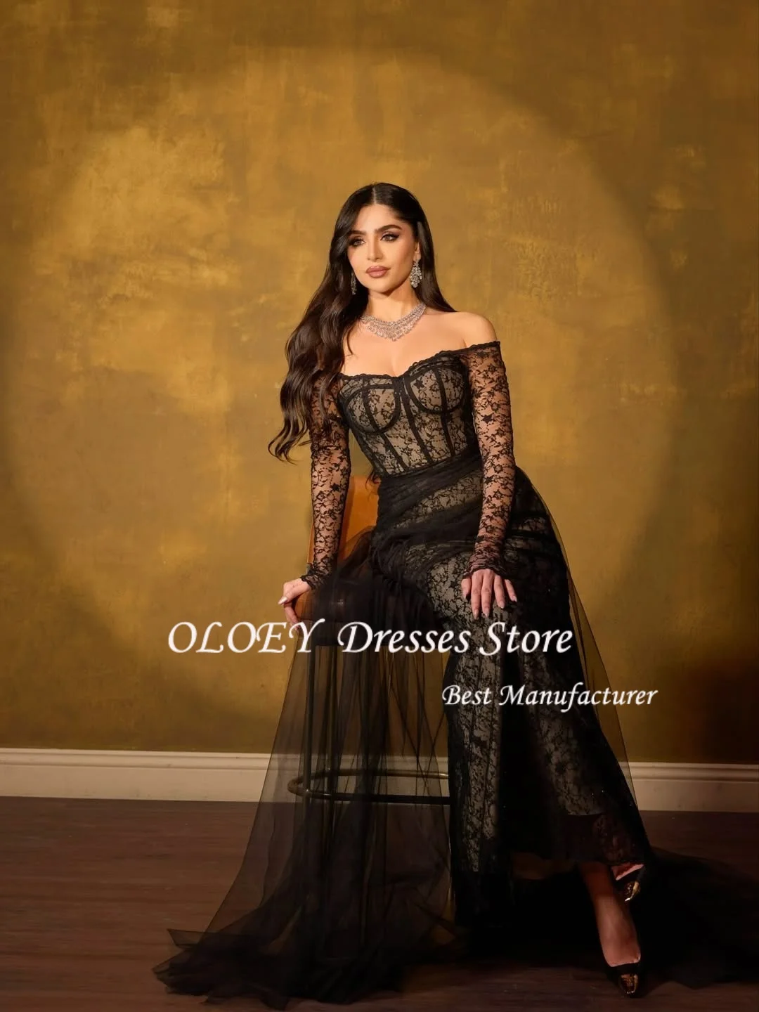 OLOEY Czarne Koronkowe Sukienki Wieczorowe Seksowna Czarna Sukienka Syrena z Gorsetem na Wesele, Sukienka na Przyjęcie, Długa Suknia Balowa z Długim Rękawem na Zamówienie, Vestidos