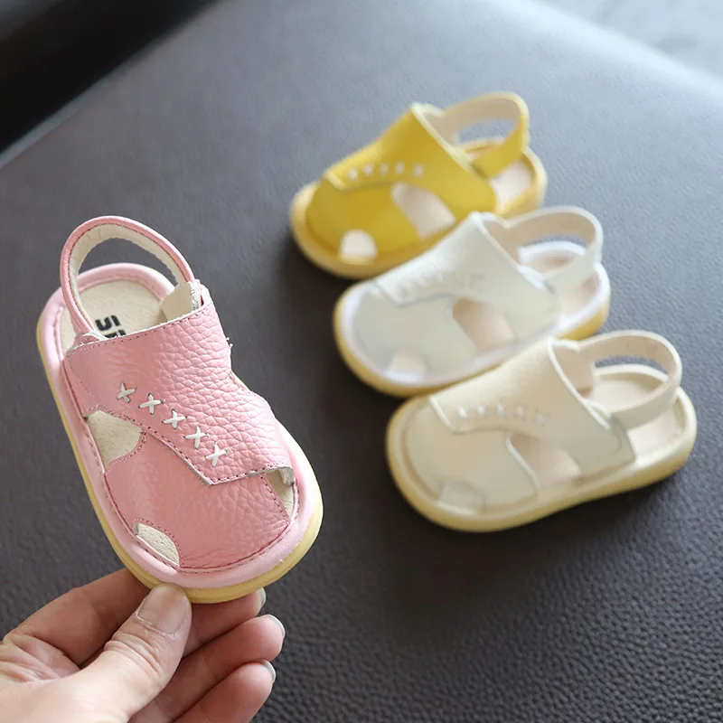 

Summer Baby Sandals for Girls Boys Genuine Leather Closed Toe Toddler Shoes Kids Breathable Anti Slip Beach Shoes First Walkers