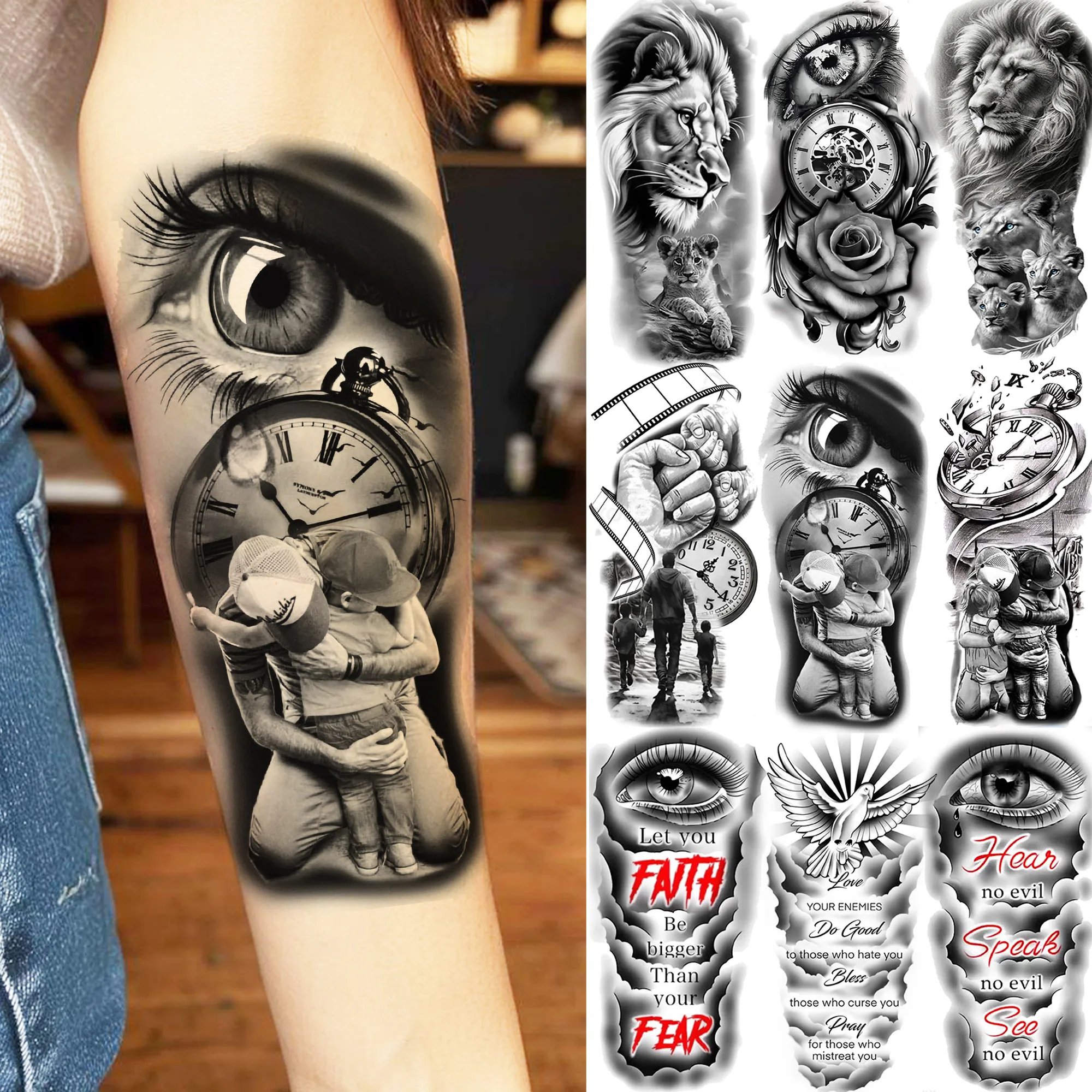 1 Sheet Creative Family Love Design Temporary Tattoos 3D Eye Clock Engraved Tatoos Waterproof Realistic Fake Tattoo Arm Stickers