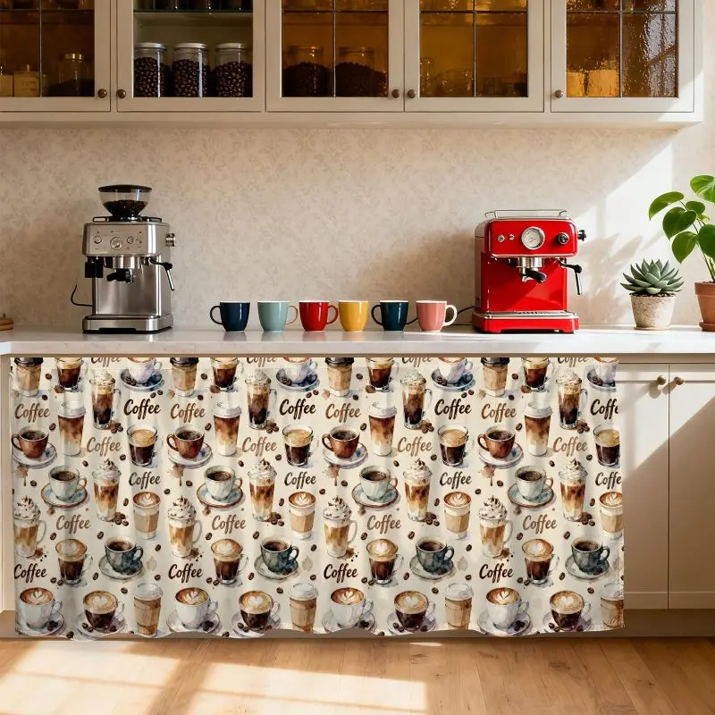 VIKAMA Coffee Cup Print Cabinet Curtain Self-Adhesive Under Sink Skirt Dustproof Kitchen Counter Short Cover Home Decor