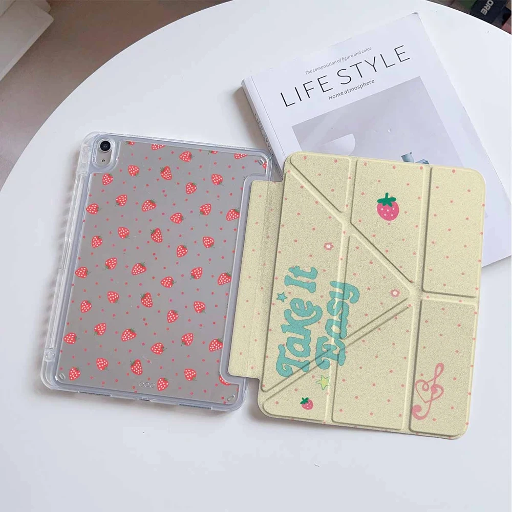 Take It Easy Strawberry For Samsung Galaxy Tab A8 A9 A11 S6 S7 S8 S9 S10 FE Plus Lite Protective With Pen Slot Tablet Case
