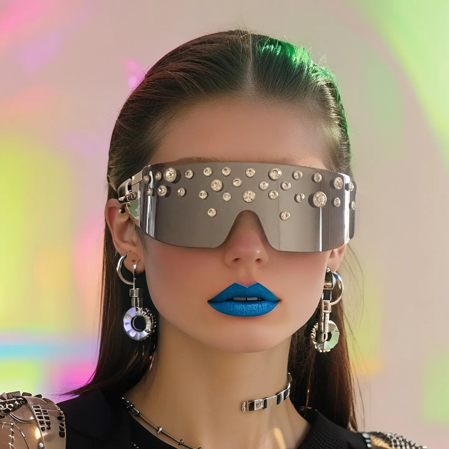 

y2k Oversized One-piece Rhinestone Rivet Sunglasses for Men and Women Edgy Futuristic Style Cool Bling Goggle Shades for Party