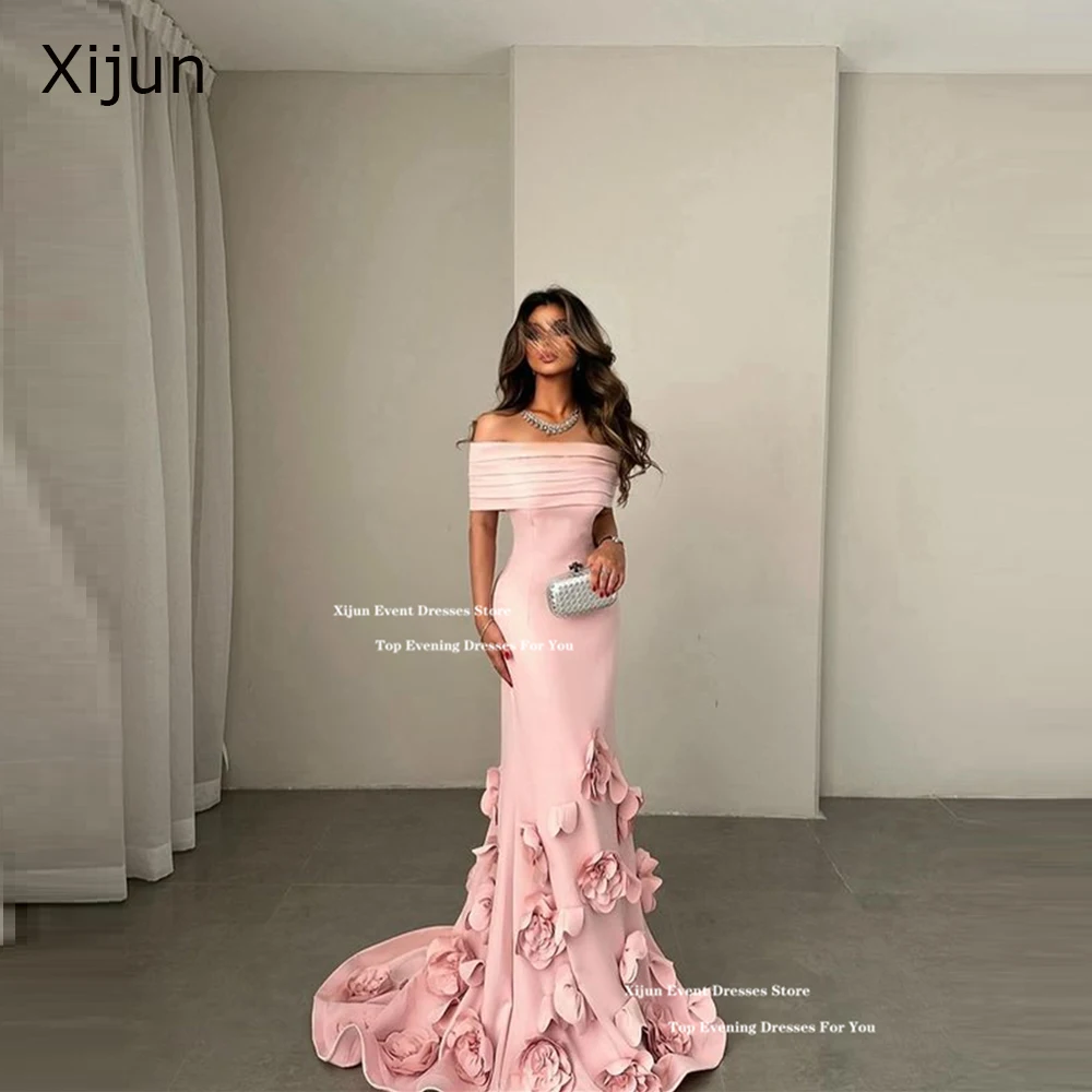 Xijun Pink 3D Flowers Crepe Evening Dresses Mermaid Saudi Arabric Formal Prom Dresses Off The Shoulder Prom Gowns Customized