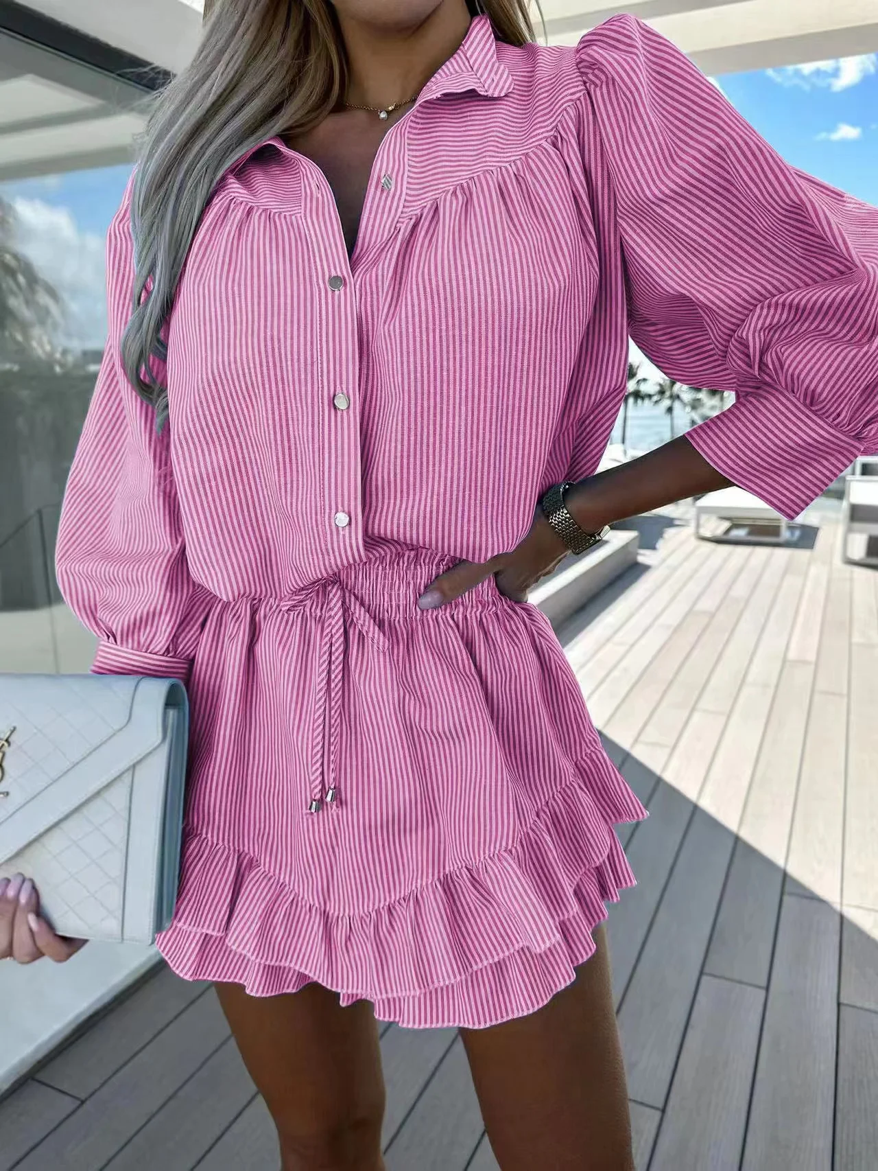 2024 New Summer Striped Sets To Dress Casual Shirts And Short Skirt Sets For Women 2 Pieces Fashion Holiday Female Outfits