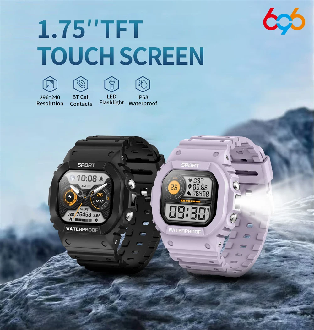 

New Smart Watch Blue Tooth Call Men Women IP68 Waterproof Sports Health Message Push Smartwatch LED Flashlight Compass Clock