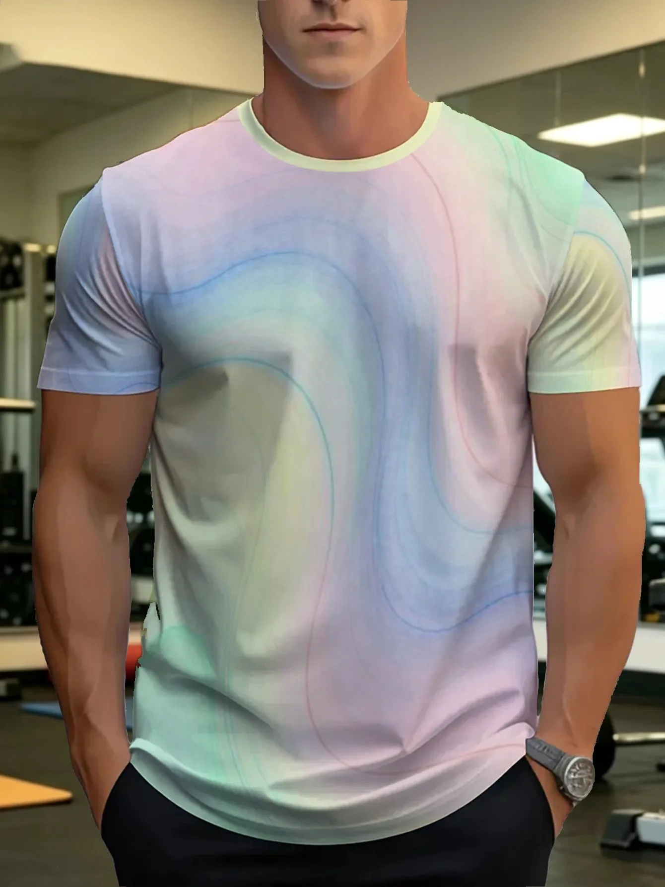 Men Gradient Rainbow Wave Print T-shirt O-neck Short Sleeve Polyester Casual Daily Workout Tops