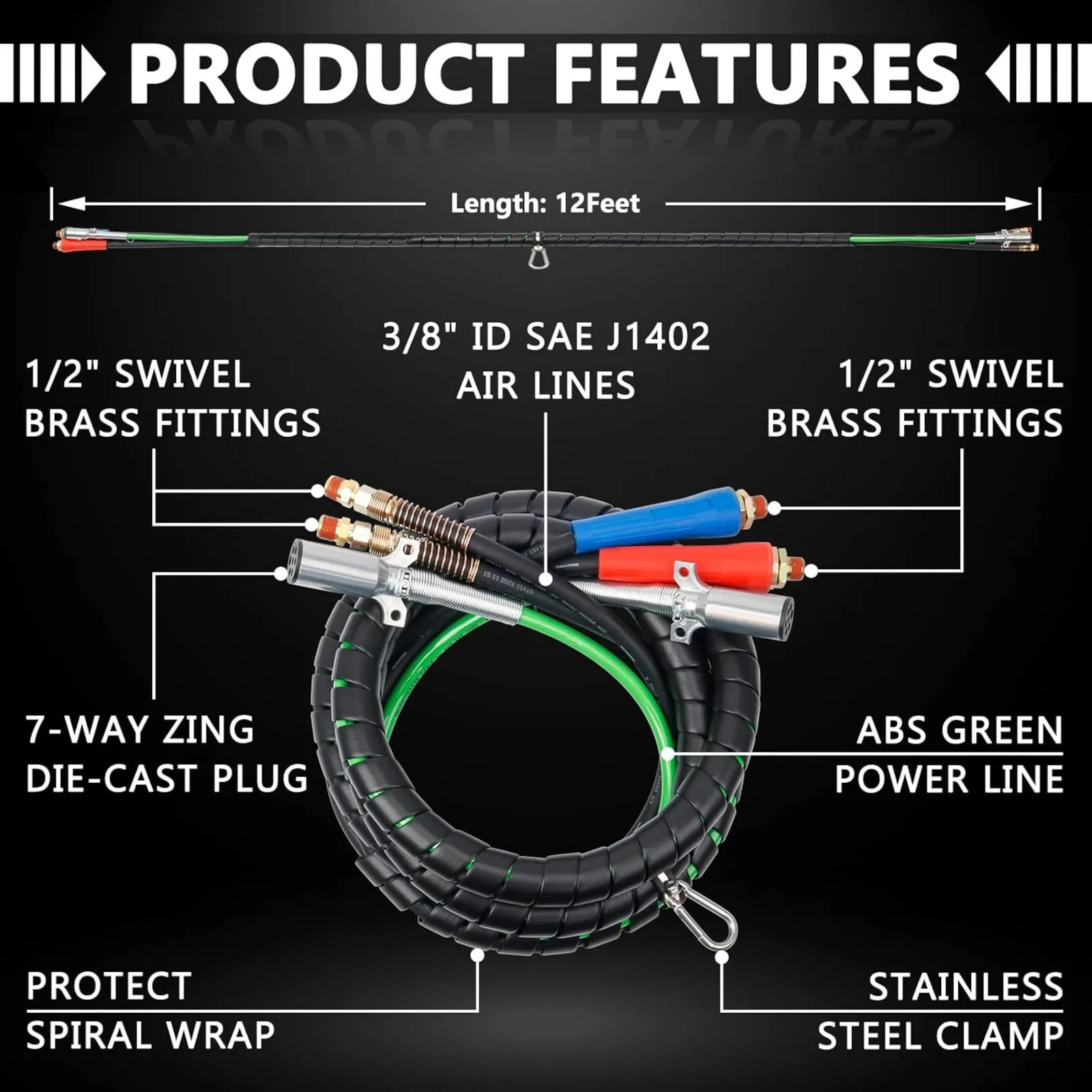 US  Semi Truck Air Line Kit 12 FT 3 in 1 ABS Power Air Line Air Hose with Gladhands and Tender Spring Kit for Semi Truck Tractor