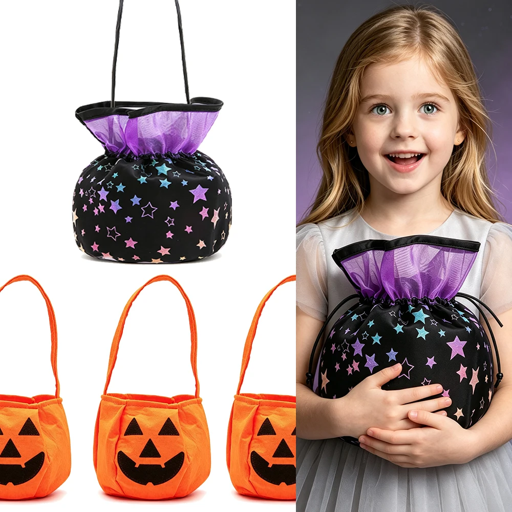 Kids Halloween Trick or Treat Bag Set Pumpkin Purple Star Candy Handbag Witch Cosplay Carnival Party Decoration