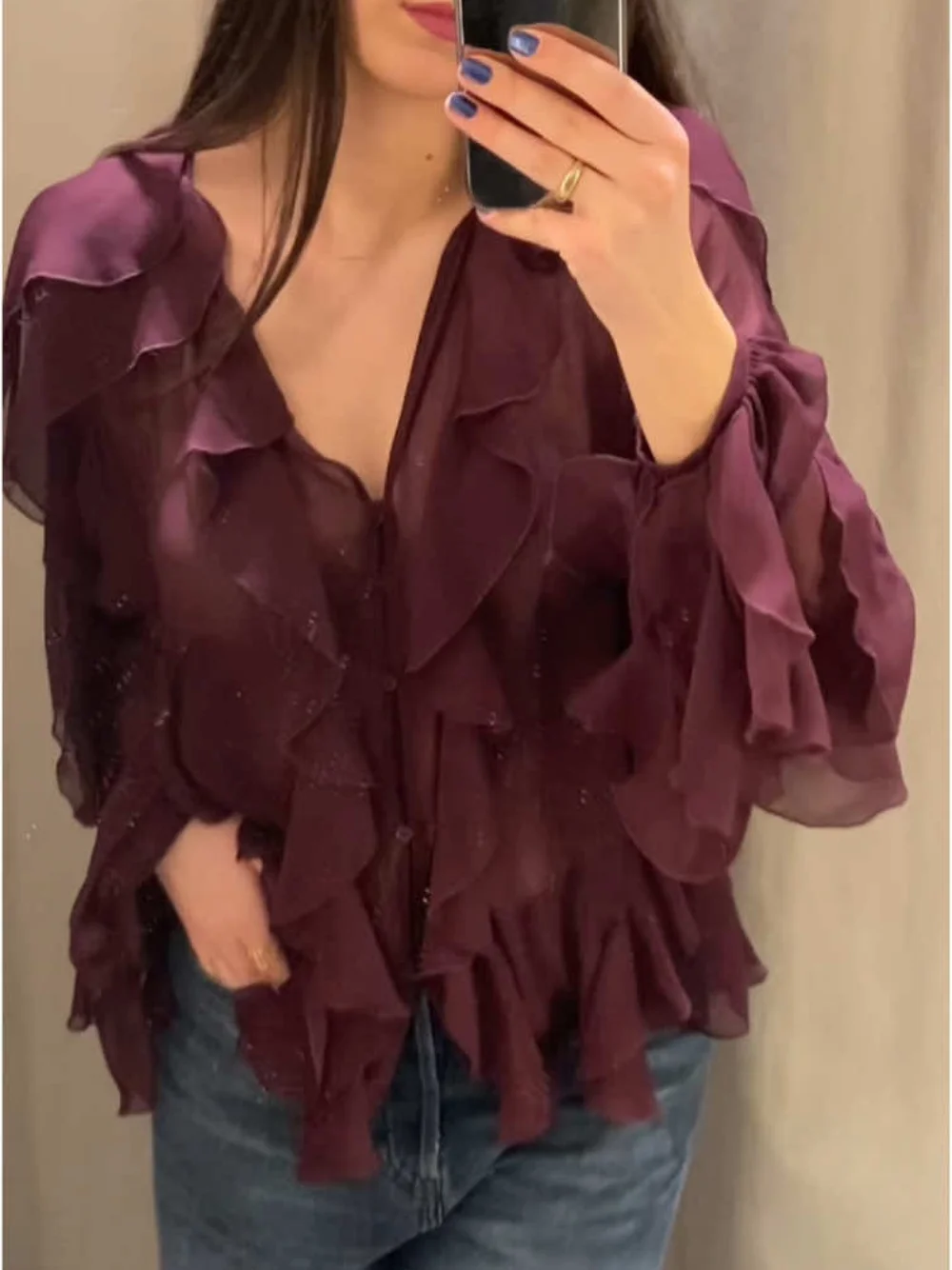 Women's Elegant Ruffled Trumpet Sleeve Oversized Shirt Chic V Neck Solid Color Cropped Shirt Vacation Women Commuter Streetwear