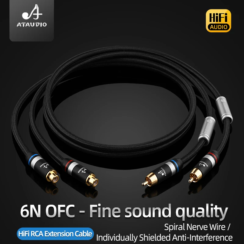 1 Pair RCA Cable 6N OFC HiFi 2RCA Male to 2RCA Female High-End Audio Cables for Amplifier DAC DAP