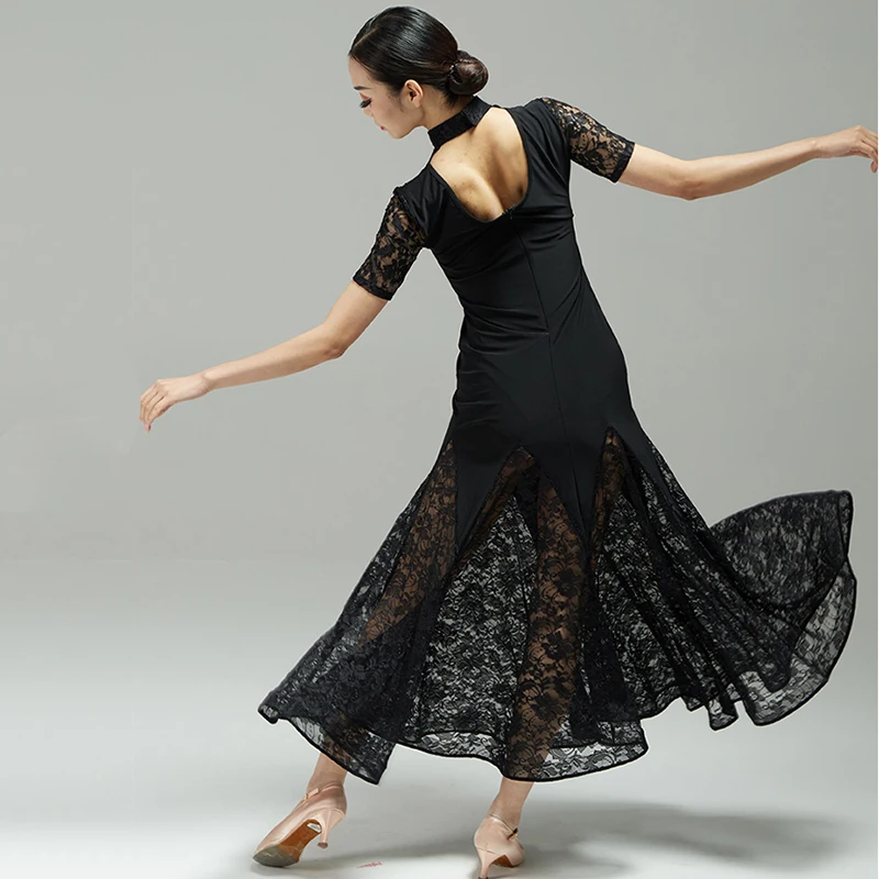 Black New Ballroom Dance Competition Dresses Women Lace Modern Dance Costumes National Standard Waltz Dance Clothes Short Sleeve