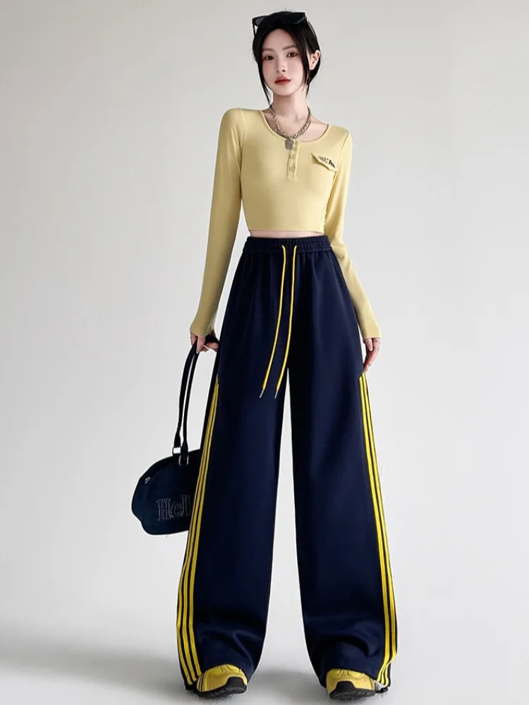 American Sle High Waist Dstring Trousers Women's Autumn Sport Wide Leg Pants Slimming Casual Sweatpants Straight Leg