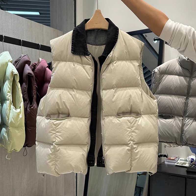 

Autumn Winter Denim Spliced Fake Two Piece Down Vest Female Thick Zipper Waistcoat Outwears Women White Duck Down Warm Vests