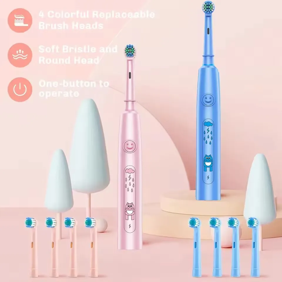 

Детская звуковая электрическая зубная щетка с мультяшной вращающейся круглой головкой, ультразвуковая мягкая щетина, водонепроницаемая со сменными насадками для детей от 3 до 12 лет