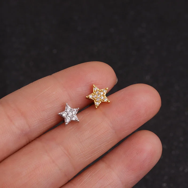 Zircon Ear Piercing For Women Stainless Steel Moon Flower Cartilage Stud Earrings Helix Tragus Rook Flat Piercing Jewelry 1PC