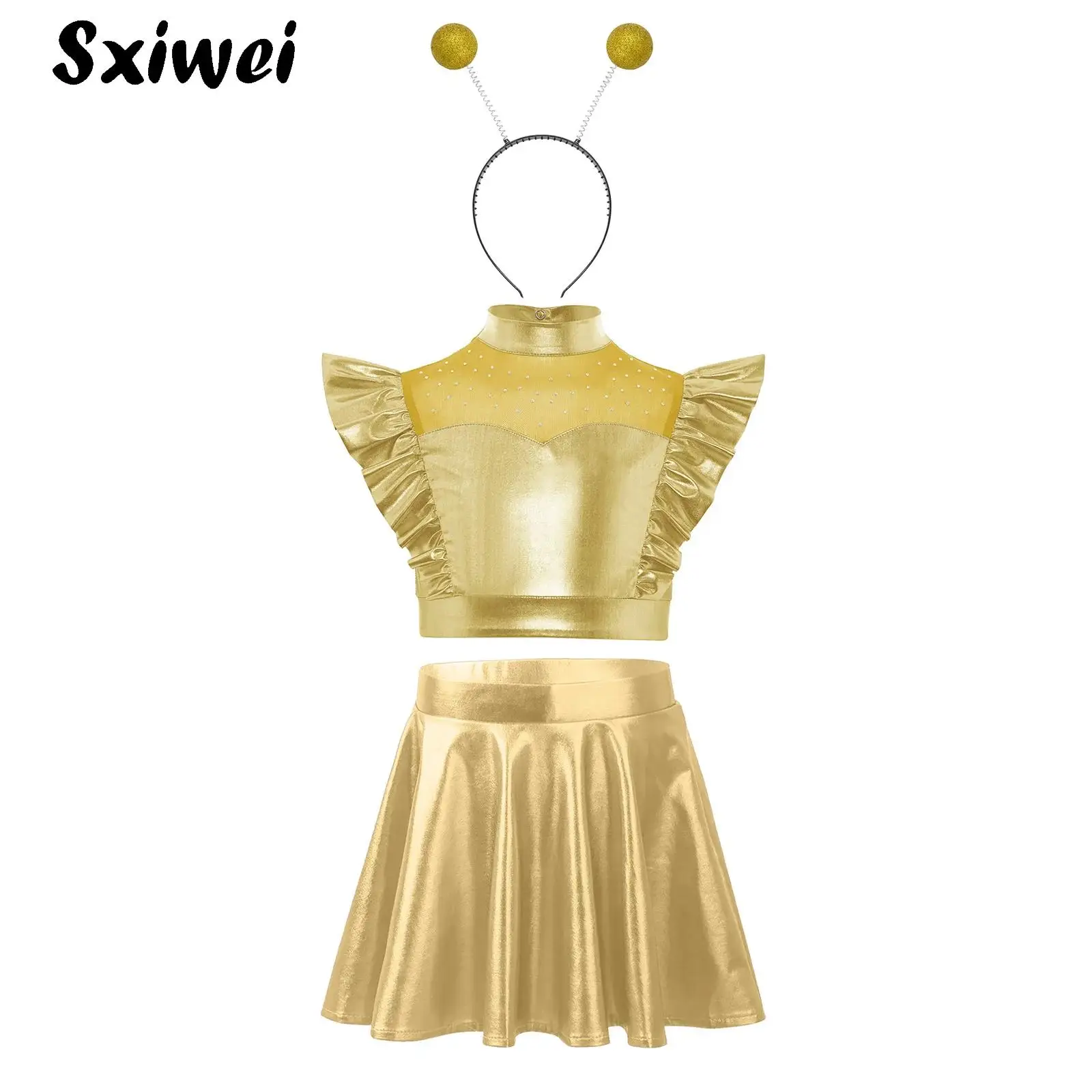 Girls Halloween Space Astronaut Cosplay Alien Robot Costume Rhinestones Ruffle Metallic Crop Tops And A-line Skirt Hair Hoop set