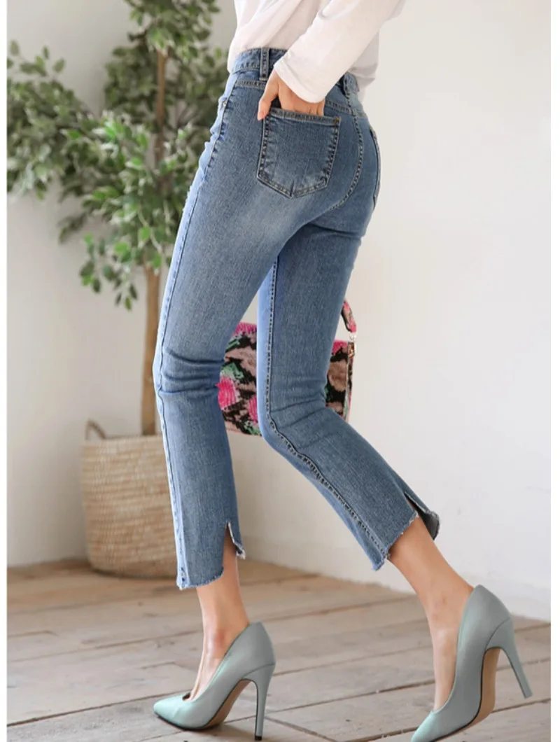 Vintage Blue Ripped Jeans Women Streetwear Elastic Denim Pants Lady Korean Fashion High Waisted Hole Elegant Stretch Jeans