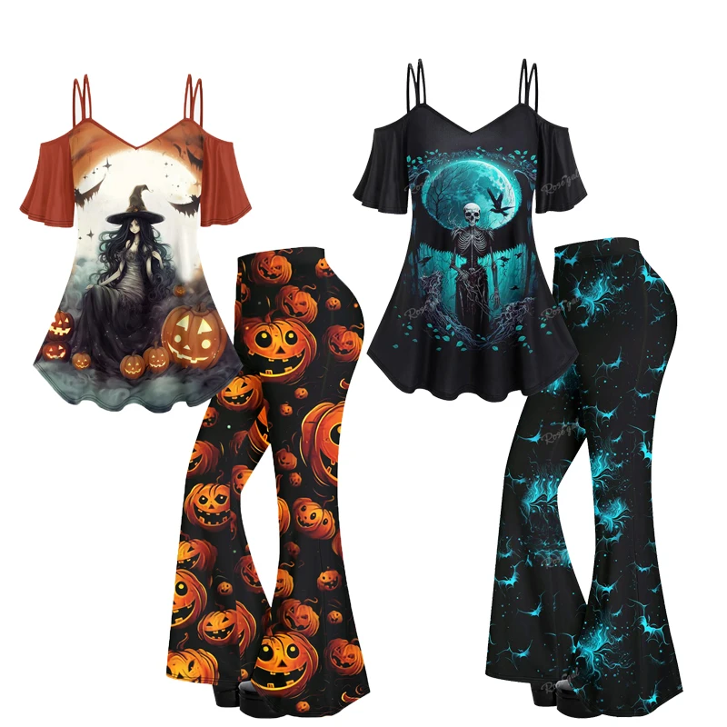 XS-6X Top z odkrytymi ramionami z nadrukiem gotyckim lub spodnie Flare Plus Size Halloween damskie spodnie z grafiką 3D